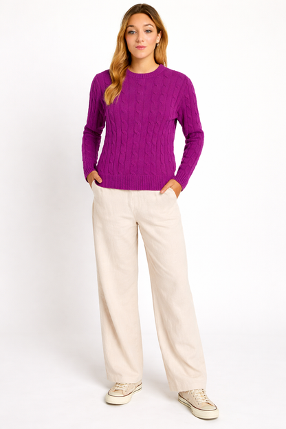 Purple Cable Knit Cotton Sweater | Round Neck Full Sleeve Winter Pullover | Soft & Comfortable Knitwear