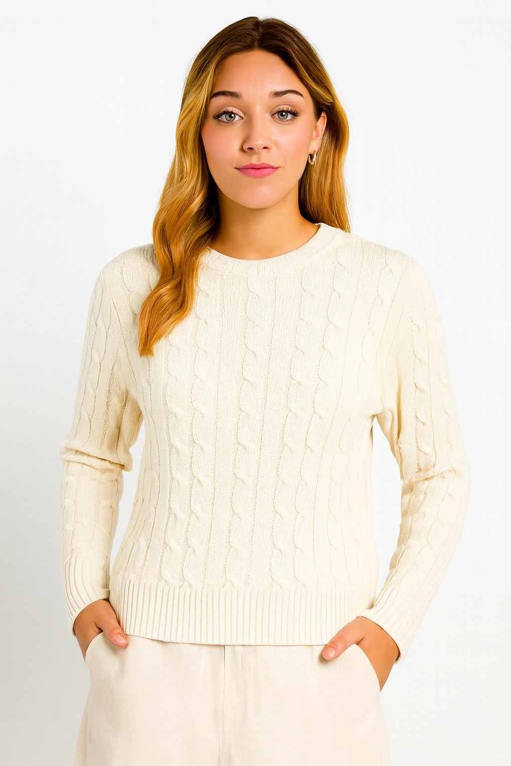 White Cable Knit Cotton Sweater | Round Neck Full Sleeve Winter Pullover | Soft & Comfortable Knitwear
