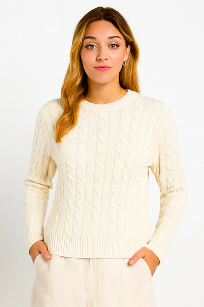 White Cable Knit Cotton Sweater | Round Neck Full Sleeve Winter Pullover | Soft & Comfortable Knitwear