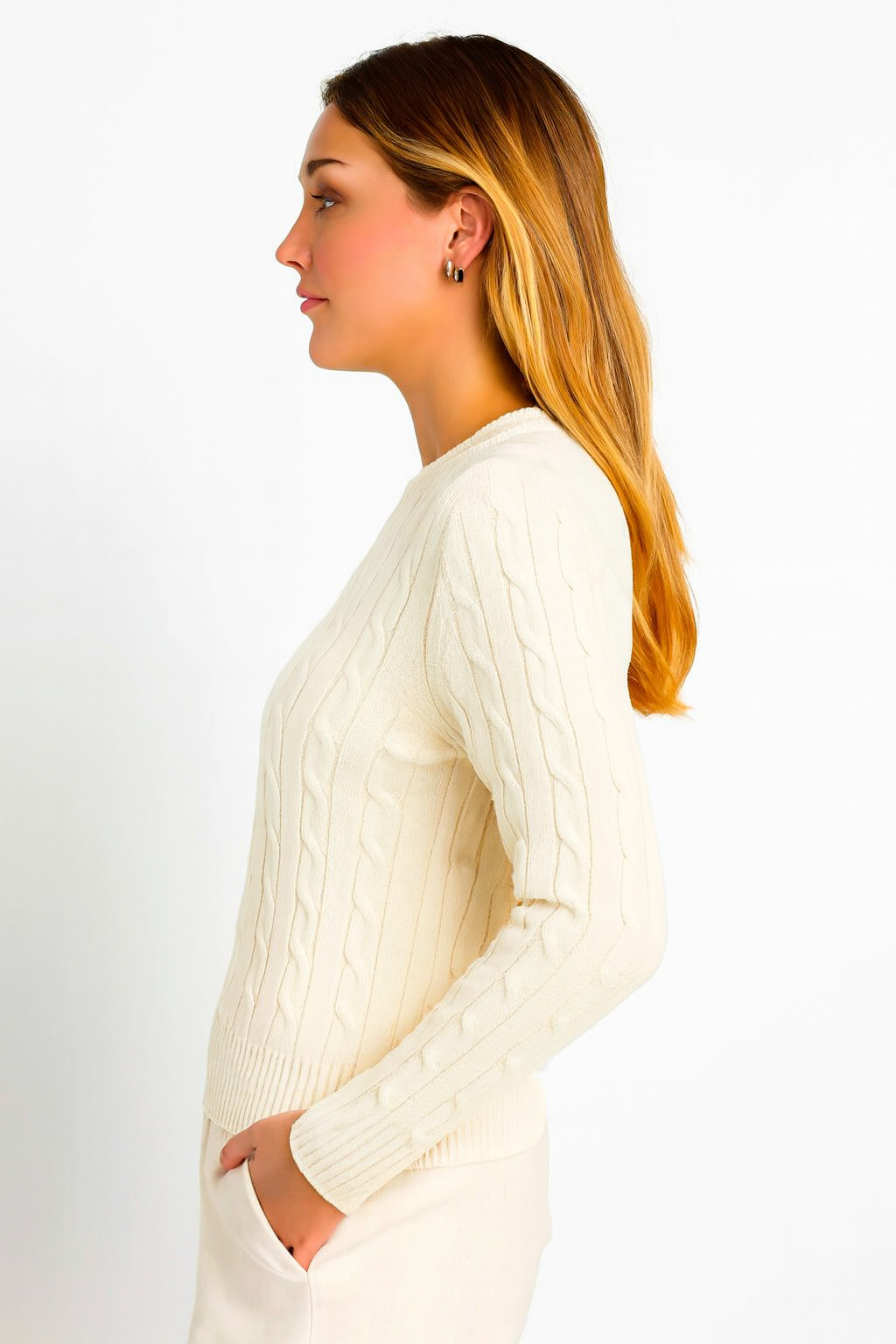 White Cable Knit Cotton Sweater | Round Neck Full Sleeve Winter Pullover | Soft & Comfortable Knitwear