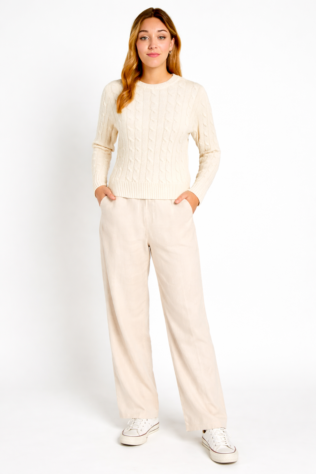 White Cable Knit Cotton Sweater | Round Neck Full Sleeve Winter Pullover | Soft & Comfortable Knitwear