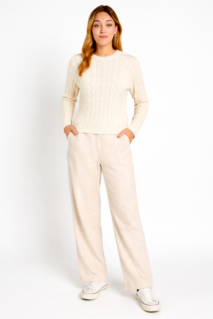 White Cable Knit Cotton Sweater | Round Neck Full Sleeve Winter Pullover | Soft & Comfortable Knitwear