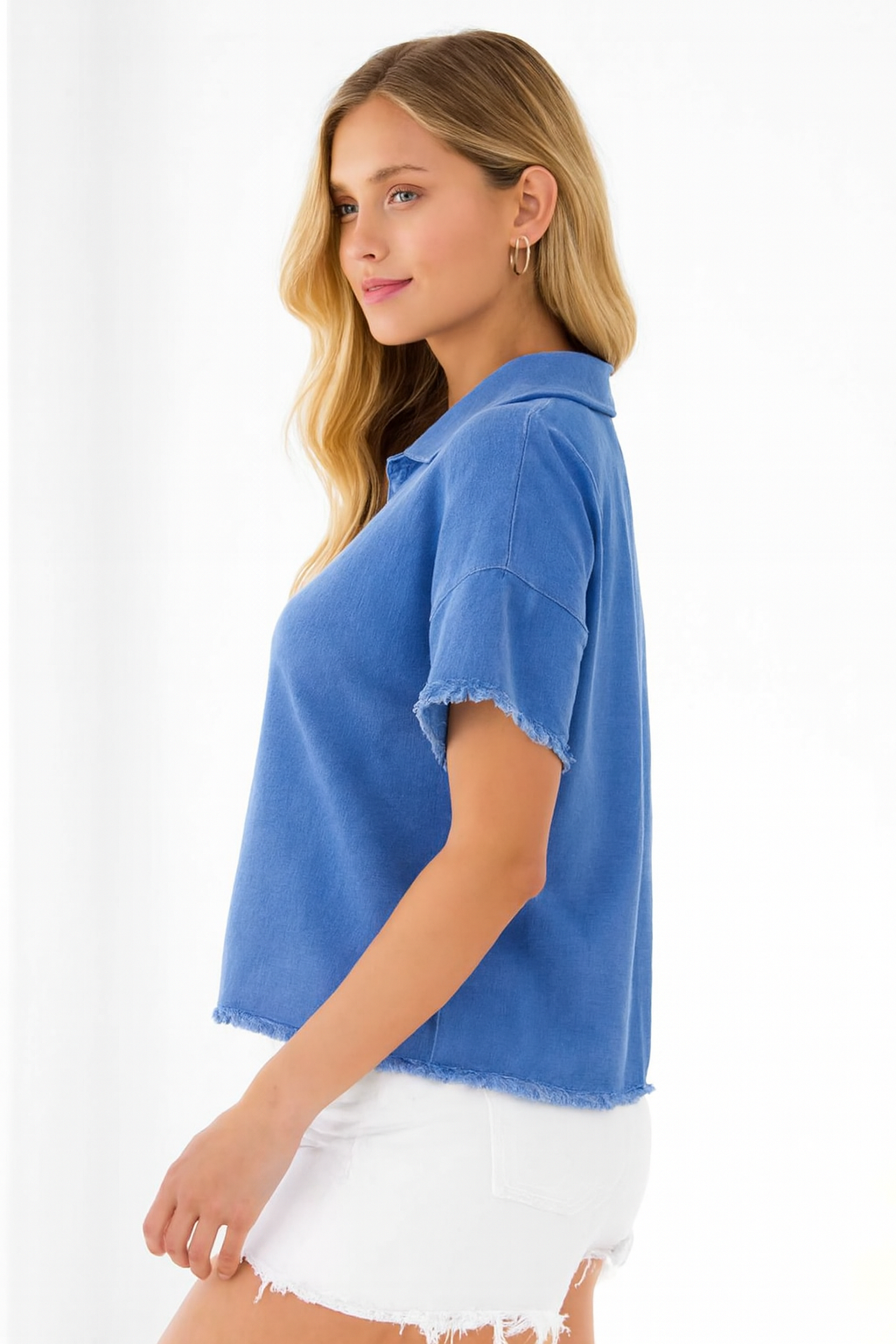 Blue Cotton Polo Neck Top | 100% Cotton Casual Short Sleeve T-Shirt