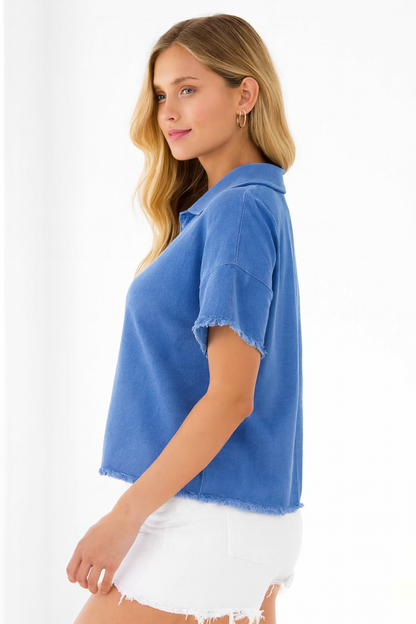 Blue Cotton Polo Neck Top | 100% Cotton Casual Short Sleeve T-Shirt