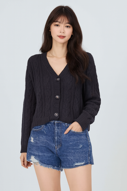 High-Rise Dark Blue Denim Shorts with Distressed Frayed Hem | 5 Pocket Style | 60% Cotton 40% Lyocell
