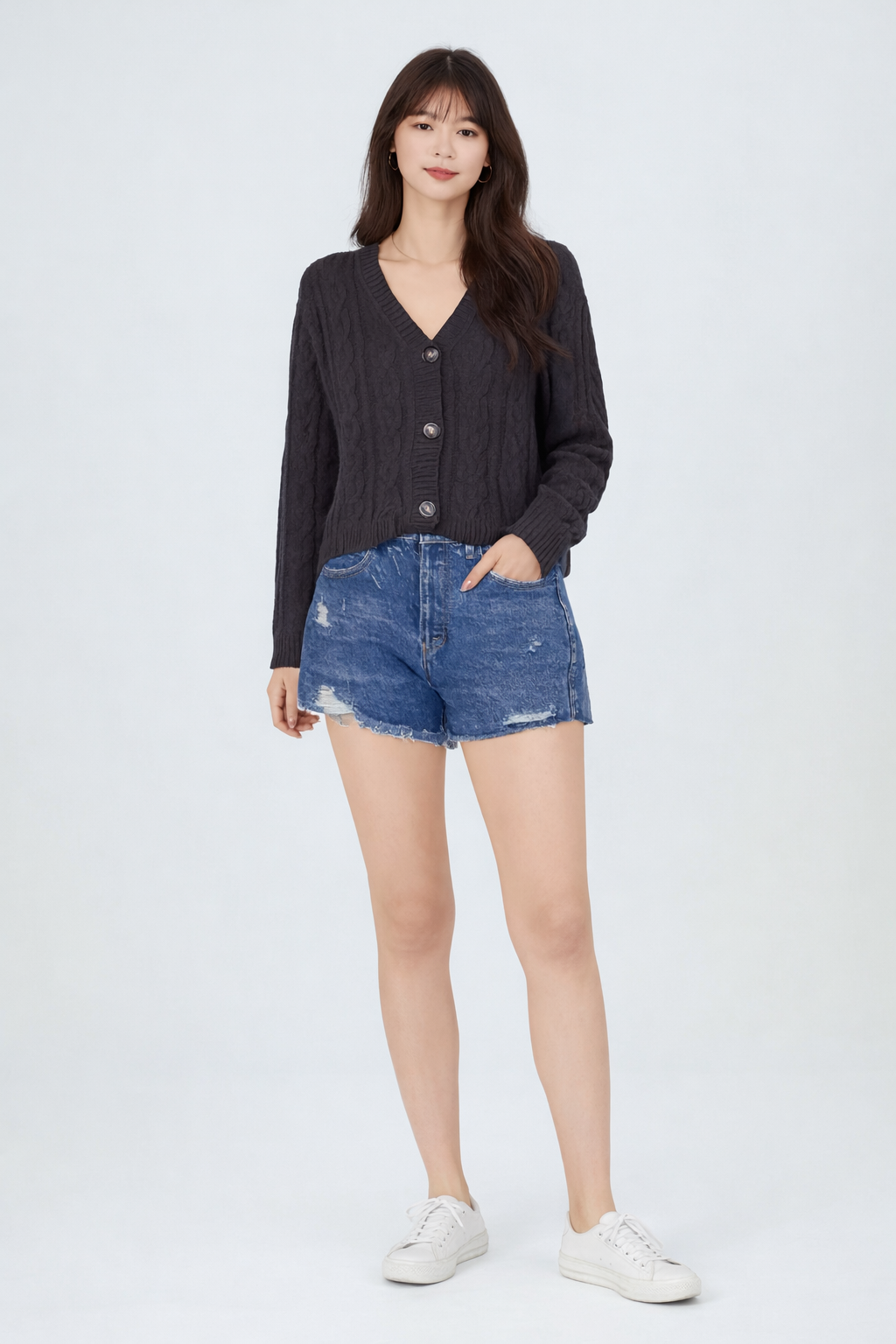 High-Rise Dark Blue Denim Shorts with Distressed Frayed Hem | 5 Pocket Style | 60% Cotton 40% Lyocell
