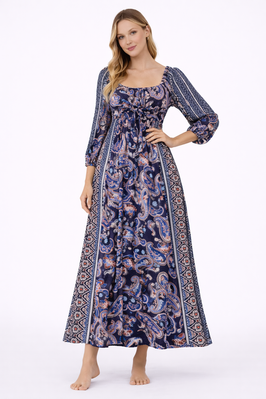 Multicolour Printed Maxi Dress | Viscose Blend | Stretchable Upper | Full Length Ethnic Dress