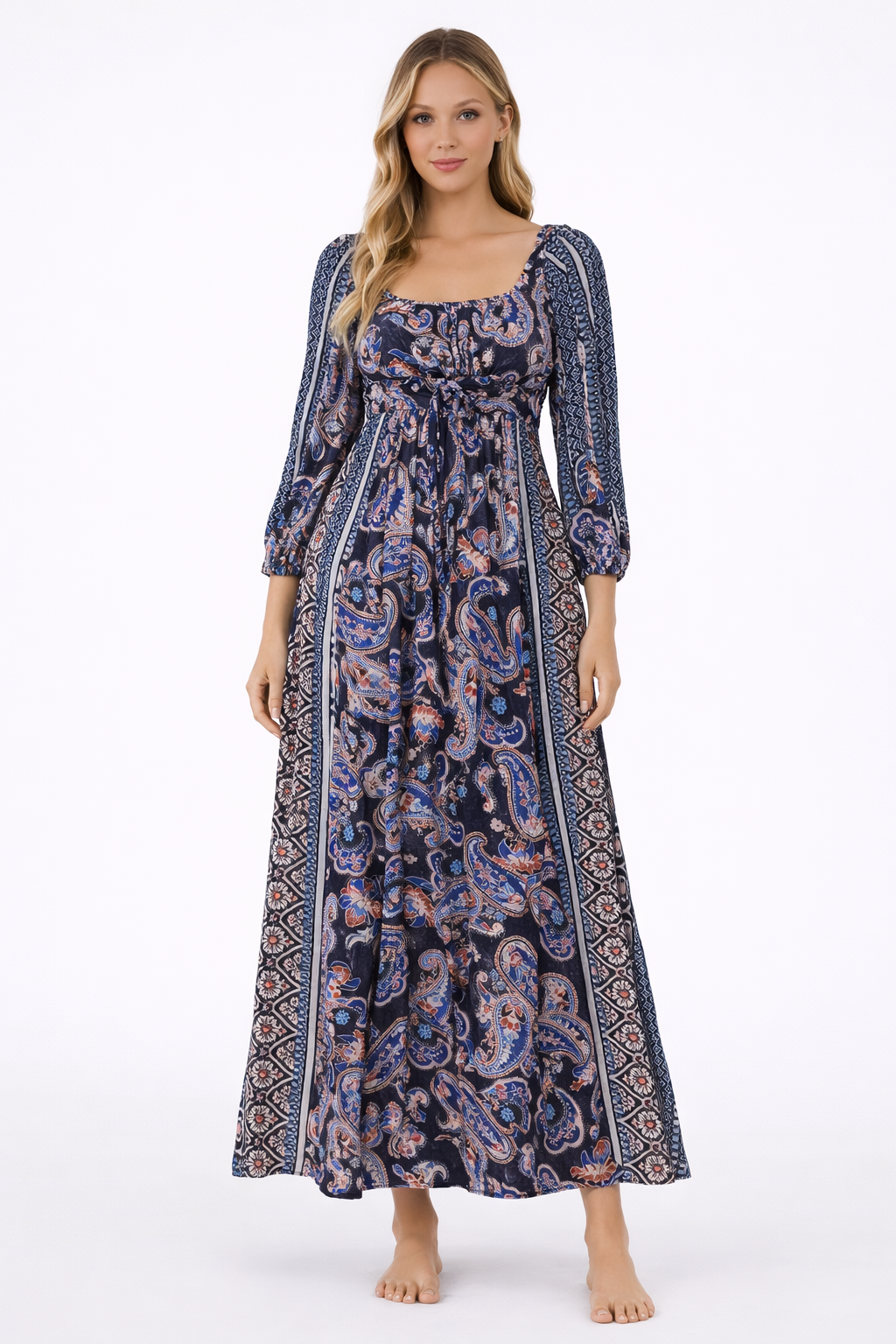 Multicolour Printed Maxi Dress | Viscose Blend | Stretchable Upper | Full Length Ethnic Dress