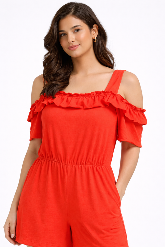 Orange Off Shoulder Ruffle Playsuit | Cold Shoulder Romper | Stretchable Casual Jumpsuit