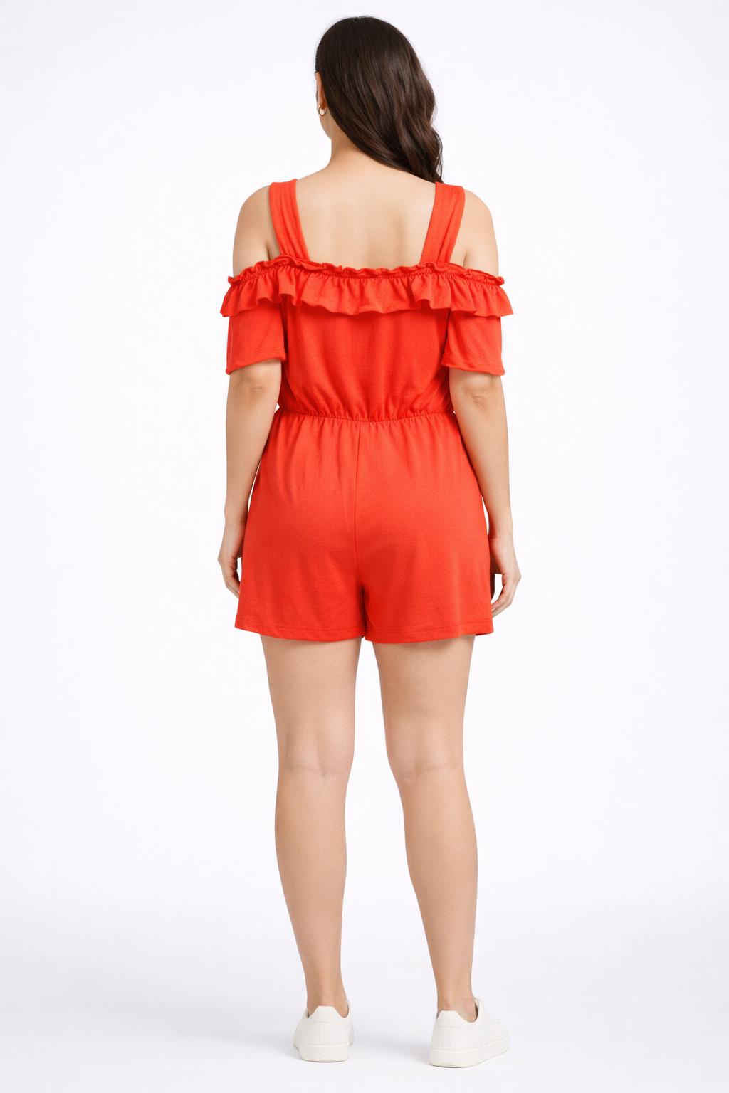 Orange Off Shoulder Ruffle Playsuit | Cold Shoulder Romper | Stretchable Casual Jumpsuit