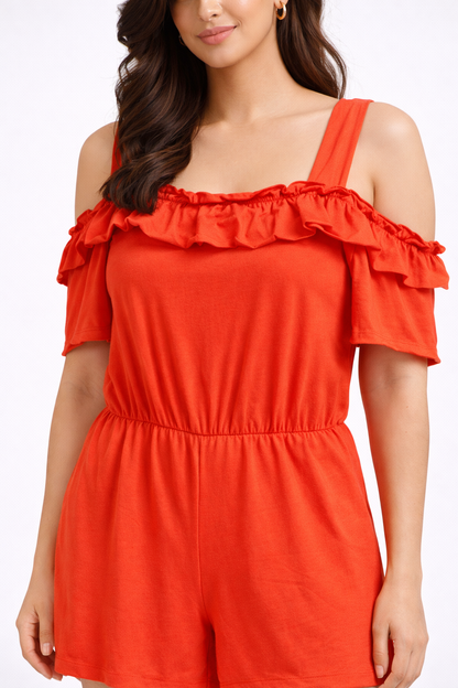 Orange Off Shoulder Ruffle Playsuit | Cold Shoulder Romper | Stretchable Casual Jumpsuit