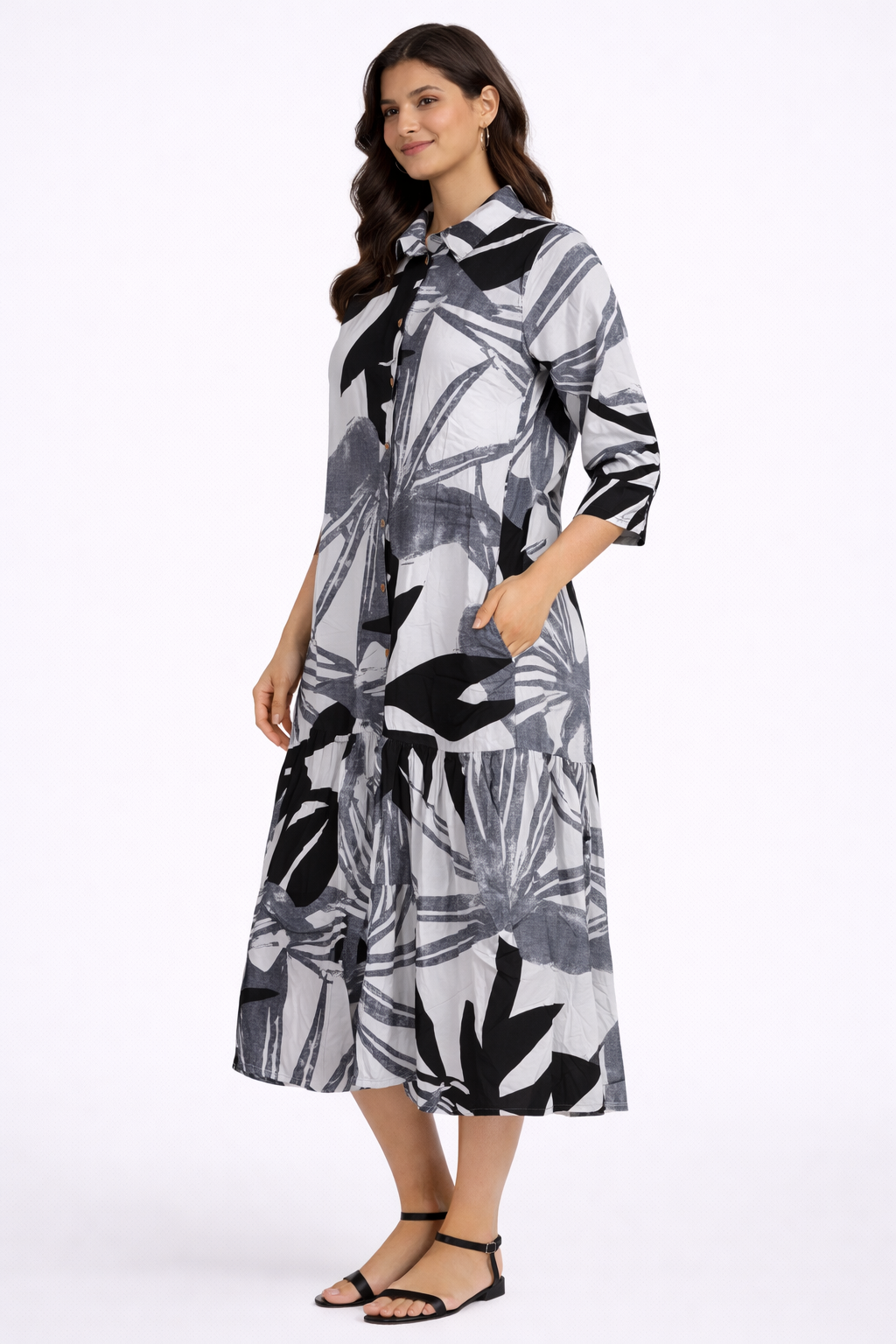 NoBarr Women Black Printed Viscose Shirt Midi Dress with 2 Side Pockets