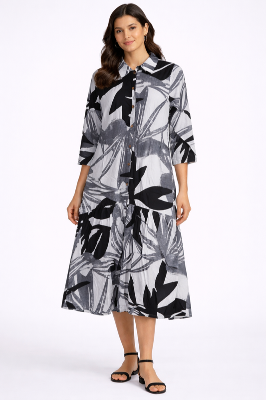 NoBarr Women Black Printed Viscose Shirt Midi Dress with 2 Side Pockets