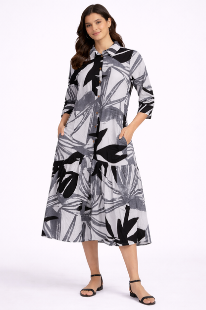 NoBarr Women Black Printed Viscose Shirt Midi Dress with 2 Side Pockets