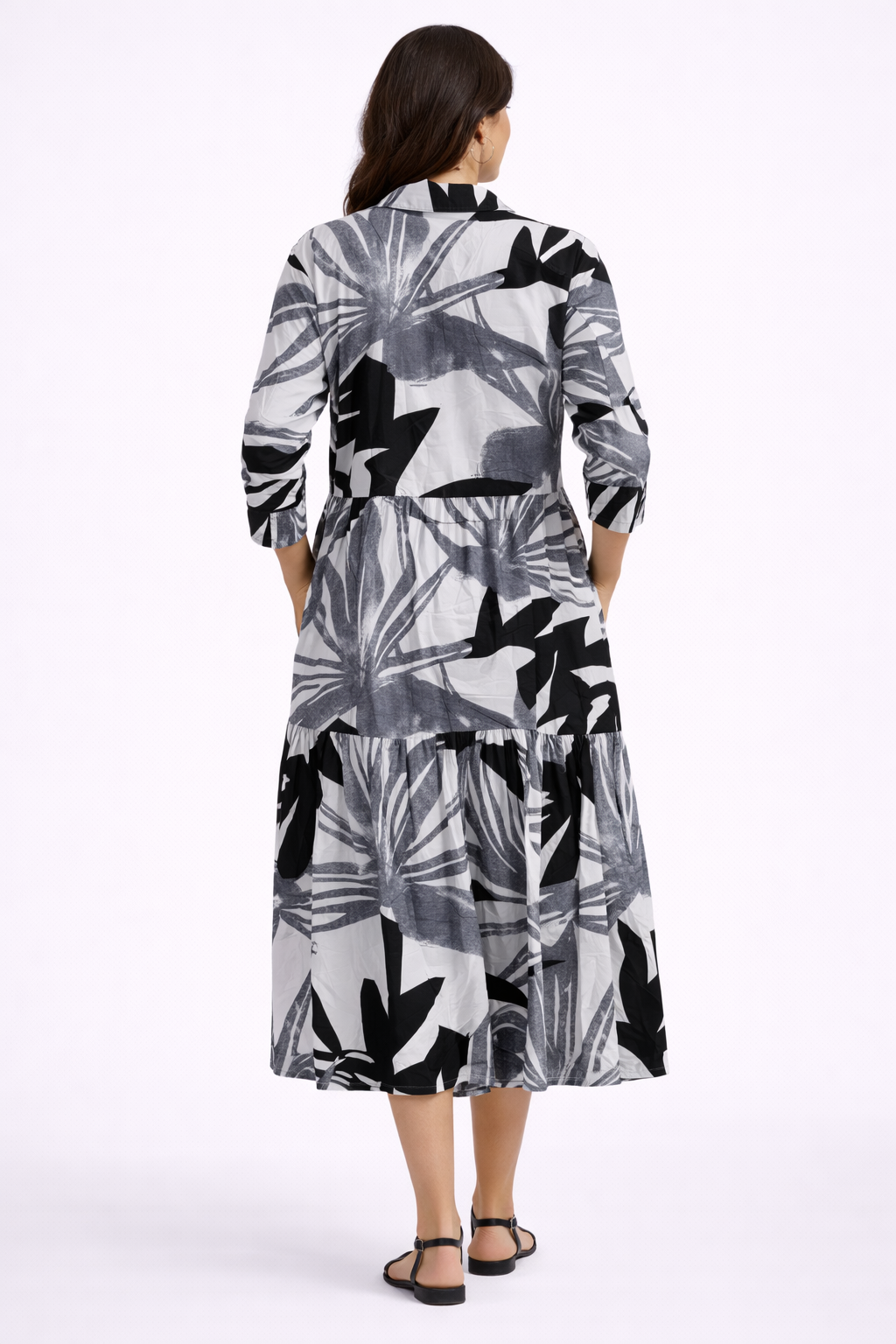 NoBarr Women Black Printed Viscose Shirt Midi Dress with 2 Side Pockets