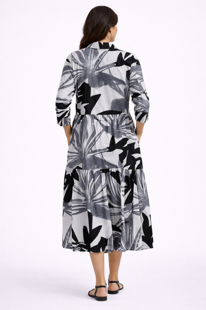 NoBarr Women Black Printed Viscose Shirt Midi Dress with 2 Side Pockets