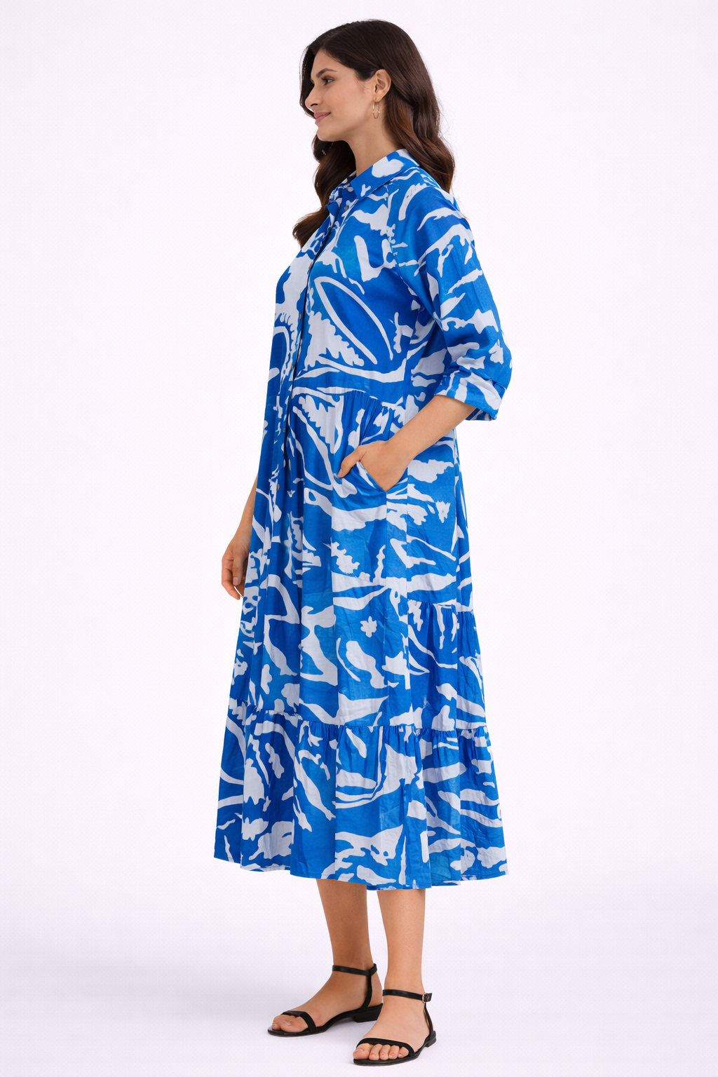 Blue Printed Viscose Shirt Midi Dress | Relaxed Fit