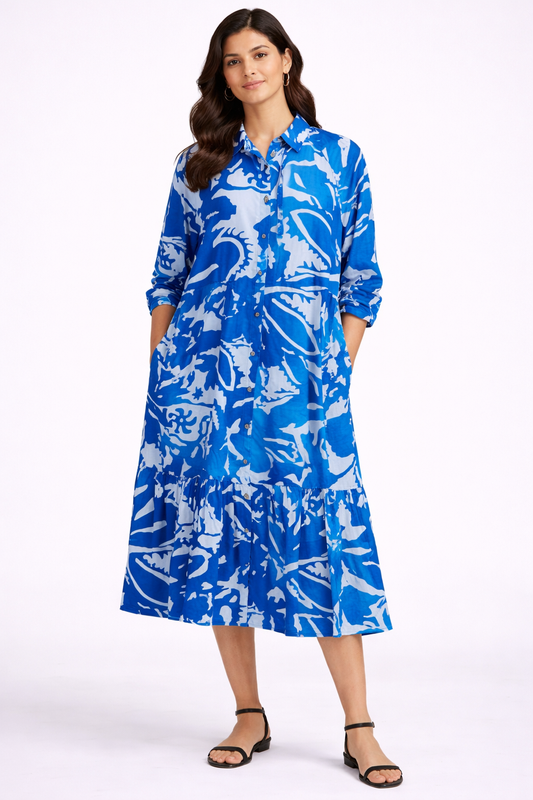Blue Printed Viscose Shirt Midi Dress | Relaxed Fit