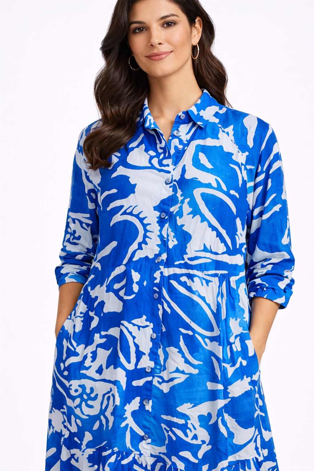 Blue Printed Viscose Shirt Midi Dress | Relaxed Fit