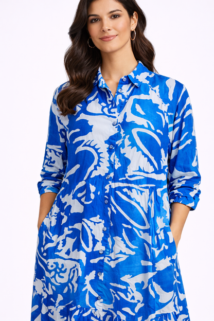 Blue Printed Viscose Shirt Midi Dress | Relaxed Fit