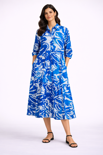 Blue Printed Viscose Shirt Midi Dress | Relaxed Fit