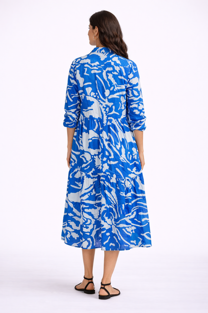 Blue Printed Viscose Shirt Midi Dress | Relaxed Fit