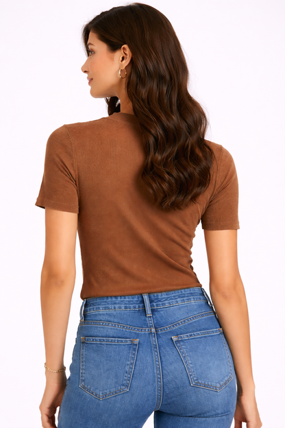 Brown Ribbed Cotton Stretch Top | 100% Cotton | Short Sleeve | Casual Wear