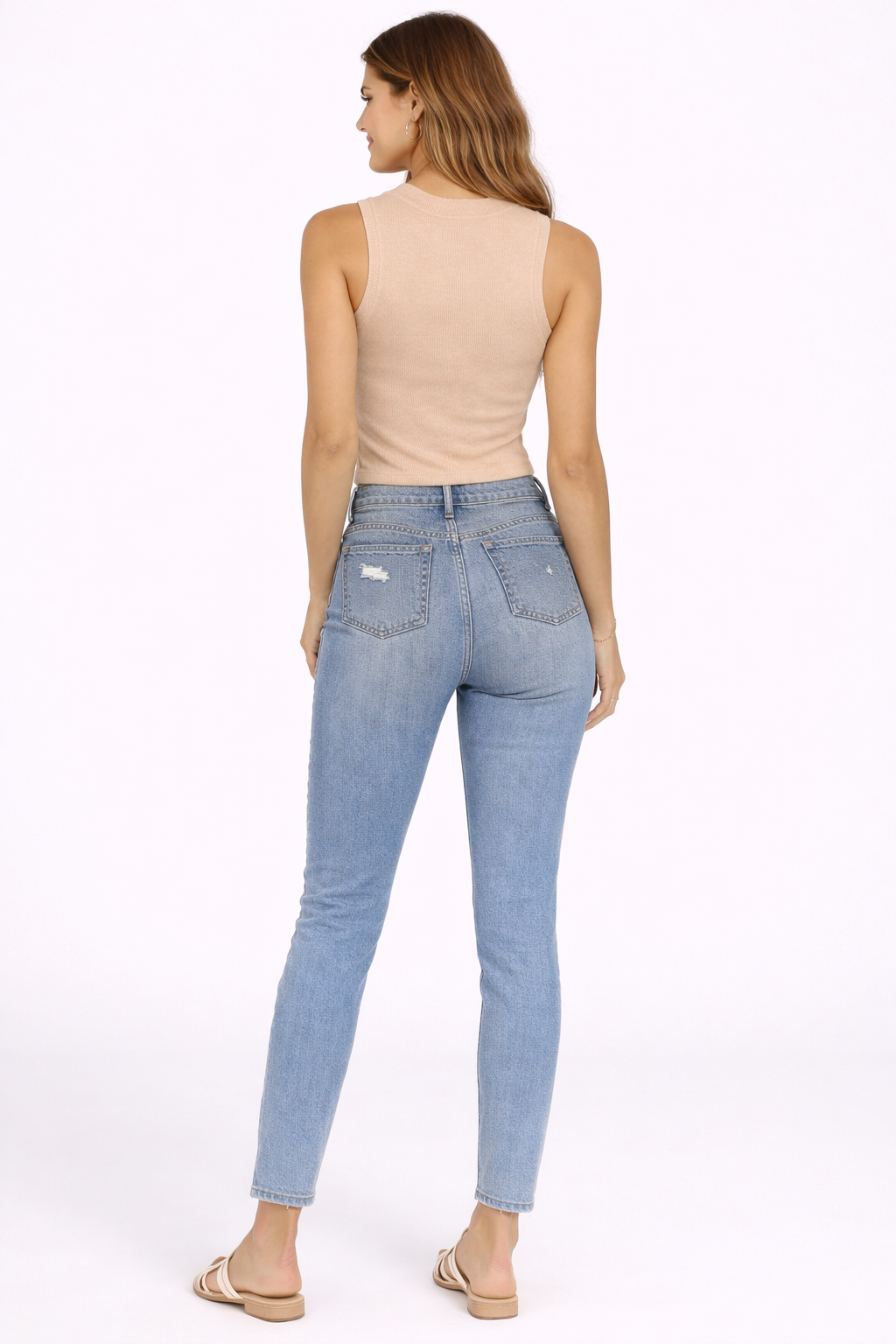 Beige Cotton Ribbed Sleeveless Top | Round Neck Stretchable Casual Tank Top