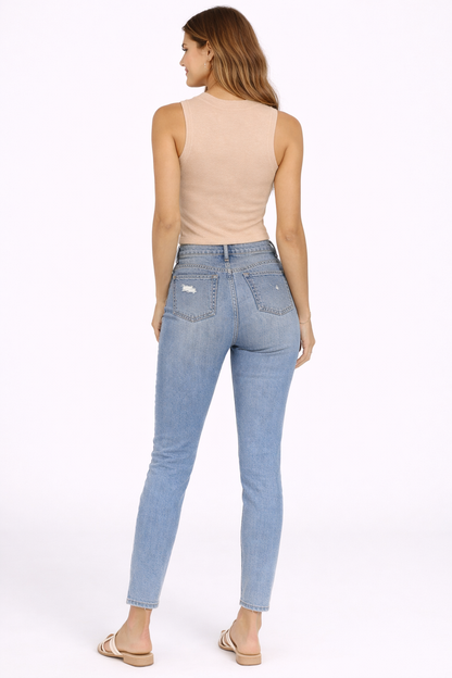 Beige Cotton Ribbed Sleeveless Top | Round Neck Stretchable Casual Tank Top