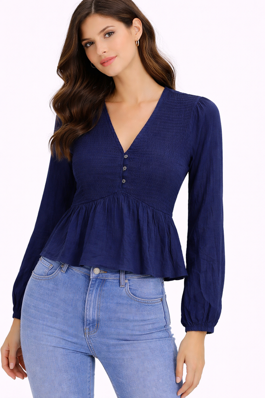 Dark Blue V-Neck Smocked Peplum Top | Full Sleeve Stretchable Casual Party Wear Top