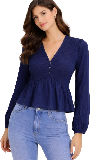 Dark Blue V-Neck Smocked Peplum Top | Full Sleeve Stretchable Casual Party Wear Top