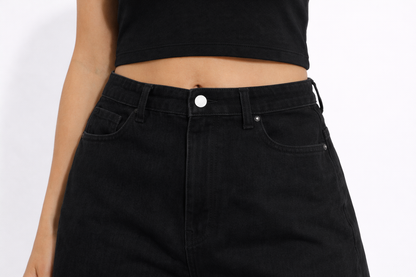 Black Cotton Blend Denim Shorts | 5 Pocket Casual High Rise Shorts