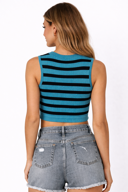 Sea Green & Black Striped Cotton Sleeveless Crop Top | 100% Cotton | Stretchable Fit