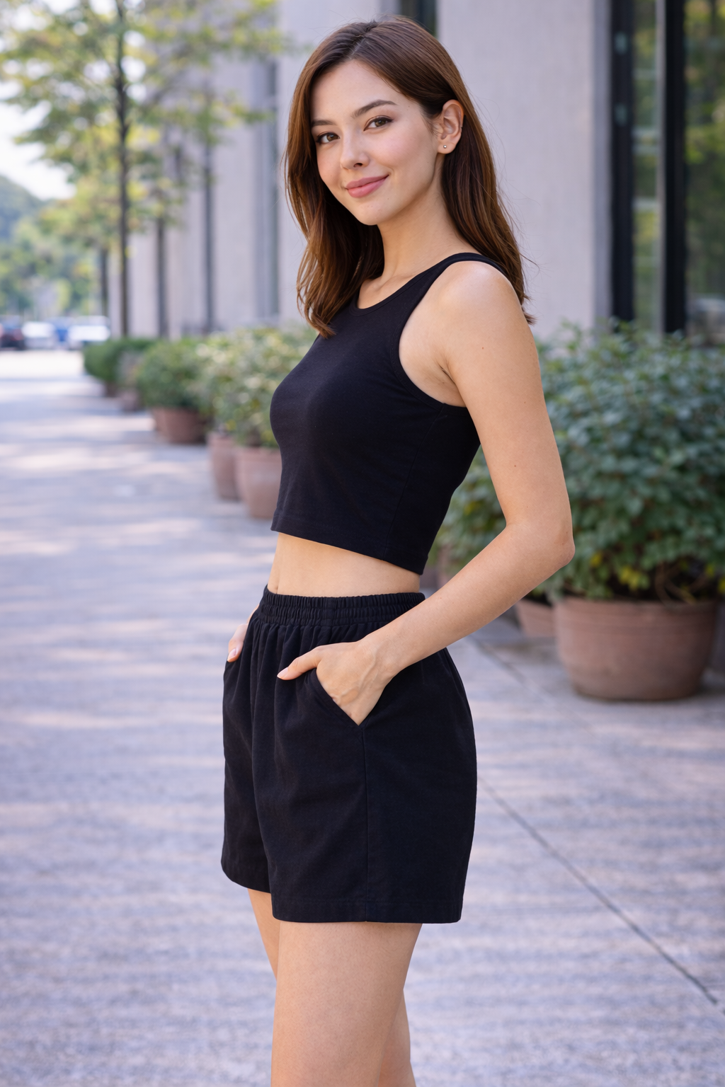 Black Solid Elastic Waist Casual Shorts | Relaxed Fit Mid-Thigh Length | Soft Comfortable Fabric