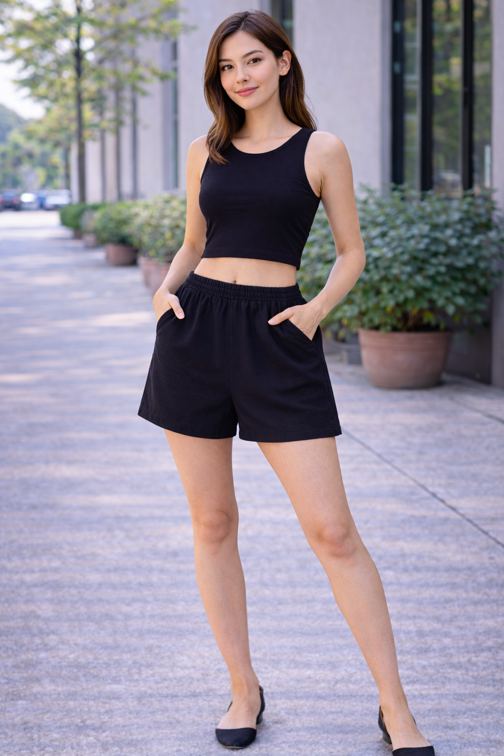 Black Solid Elastic Waist Casual Shorts | Relaxed Fit Mid-Thigh Length | Soft Comfortable Fabric