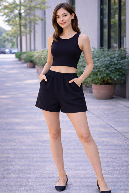 Black Solid Elastic Waist Casual Shorts | Relaxed Fit Mid-Thigh Length | Soft Comfortable Fabric