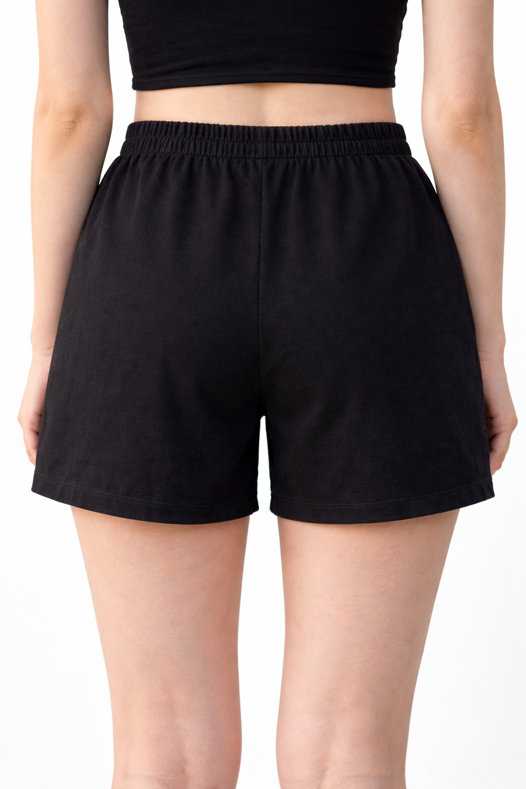 Black Solid Elastic Waist Casual Shorts | Relaxed Fit Mid-Thigh Length | Soft Comfortable Fabric