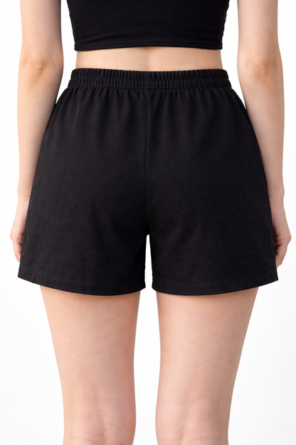 Black Solid Elastic Waist Casual Shorts | Relaxed Fit Mid-Thigh Length | Soft Comfortable Fabric