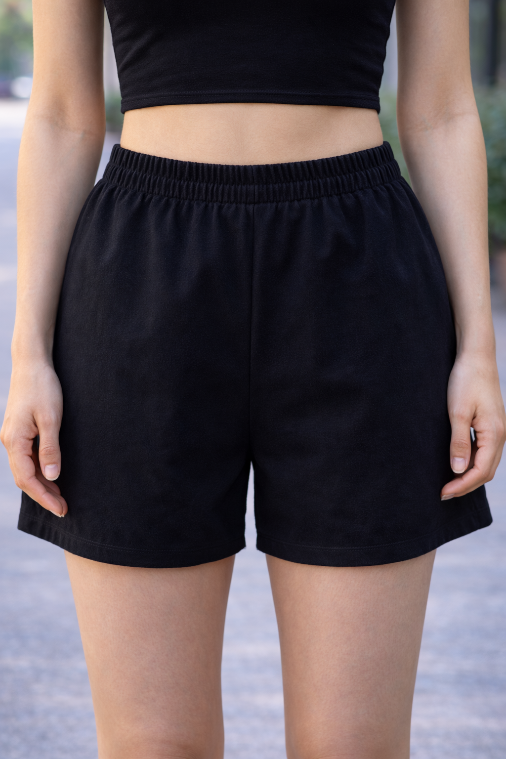 Black Solid Elastic Waist Casual Shorts | Relaxed Fit Mid-Thigh Length | Soft Comfortable Fabric