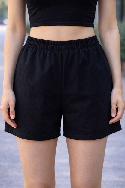 Black Solid Elastic Waist Casual Shorts | Relaxed Fit Mid-Thigh Length | Soft Comfortable Fabric
