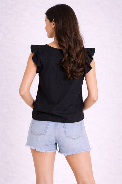 Black 100% Cotton Loose Fit V-Neck Flutter Sleeve Top | Casual Summer Wear