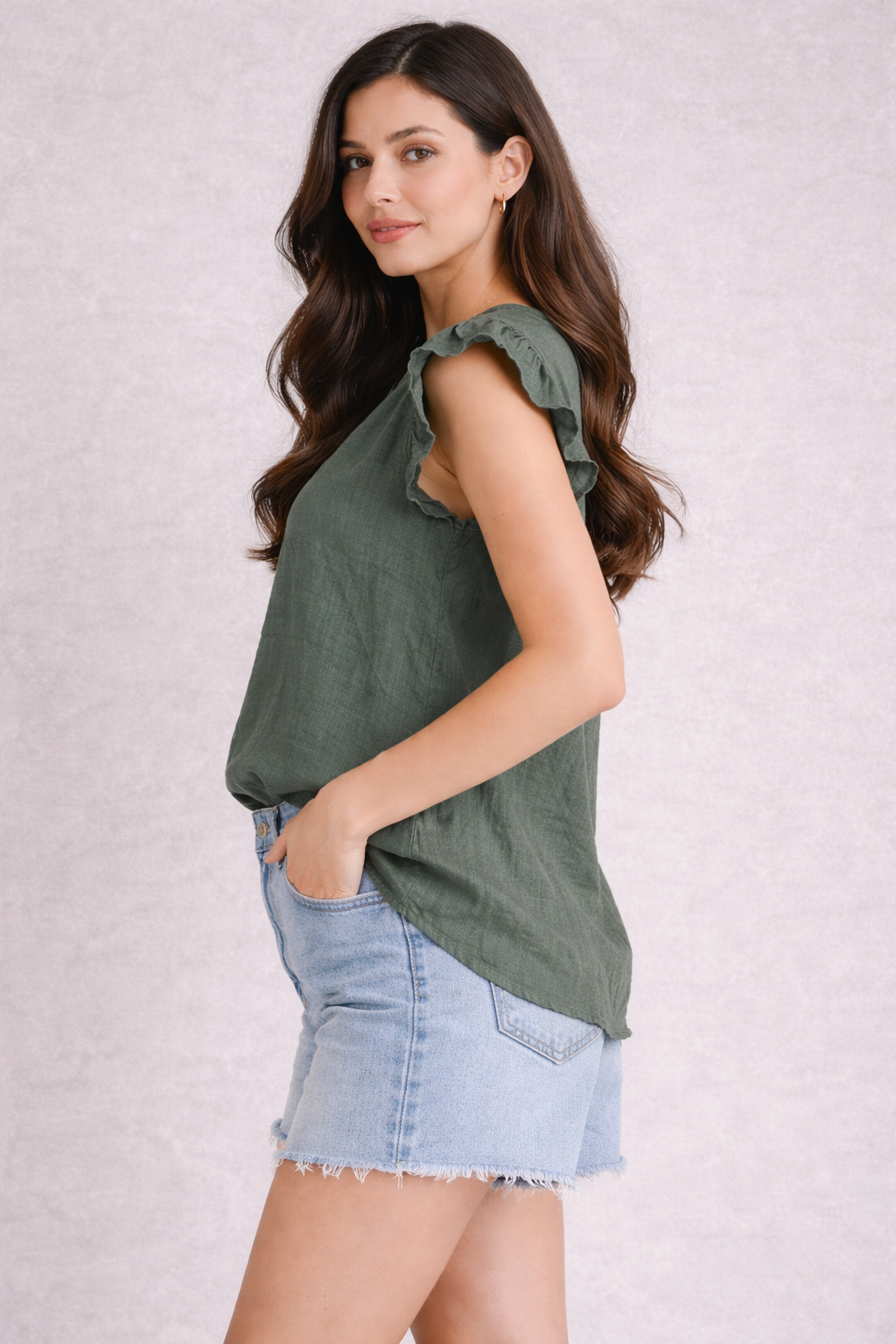 Green 100% Cotton Loose Fit V-Neck Flutter Sleeve Top | Casual Summer Wear