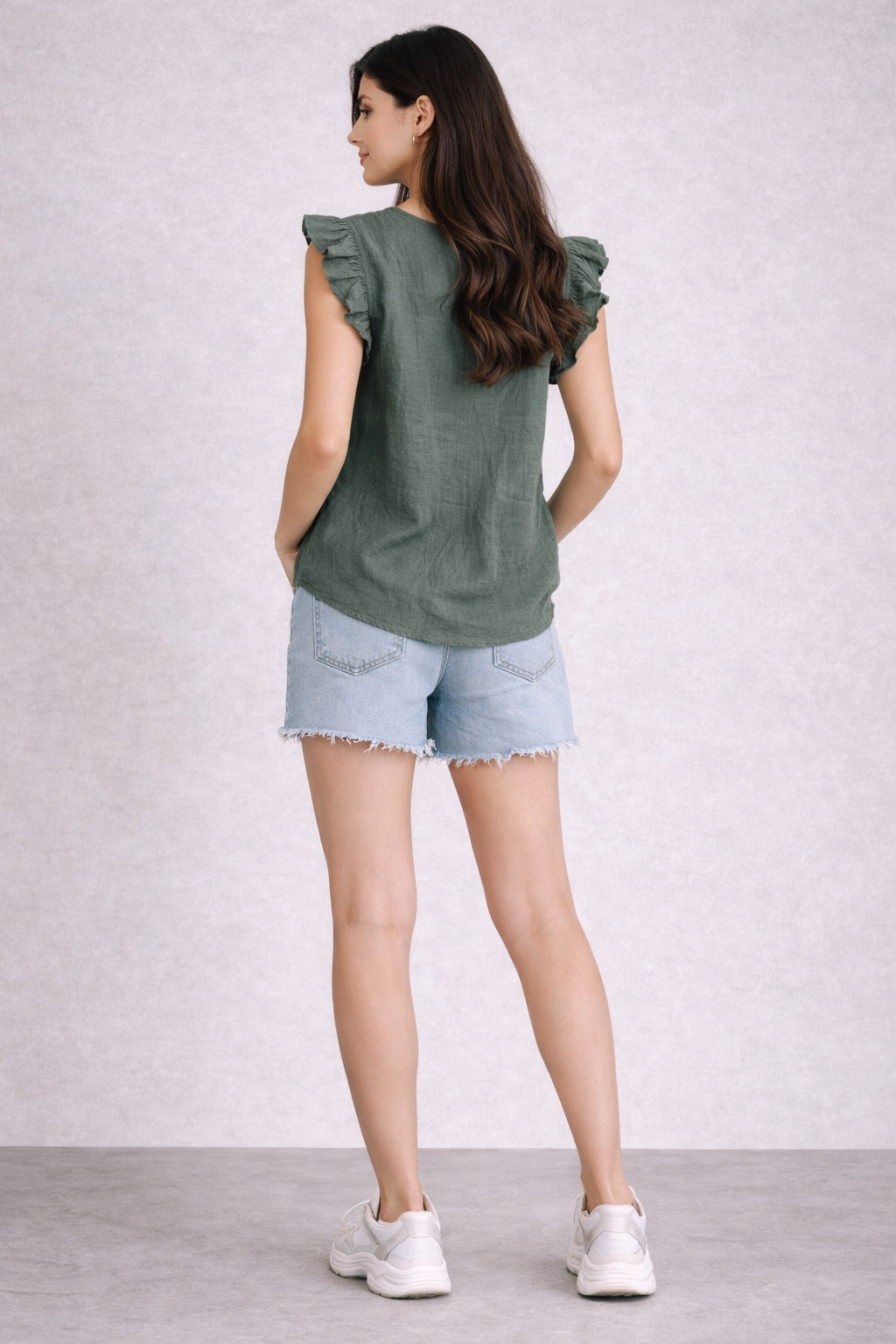 Green 100% Cotton Loose Fit V-Neck Flutter Sleeve Top | Casual Summer Wear
