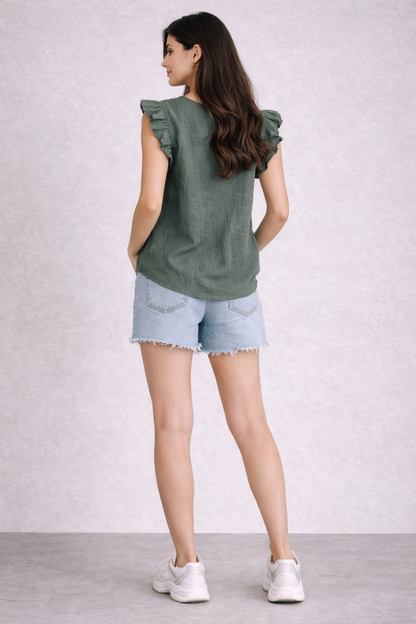Green 100% Cotton Loose Fit V-Neck Flutter Sleeve Top | Casual Summer Wear