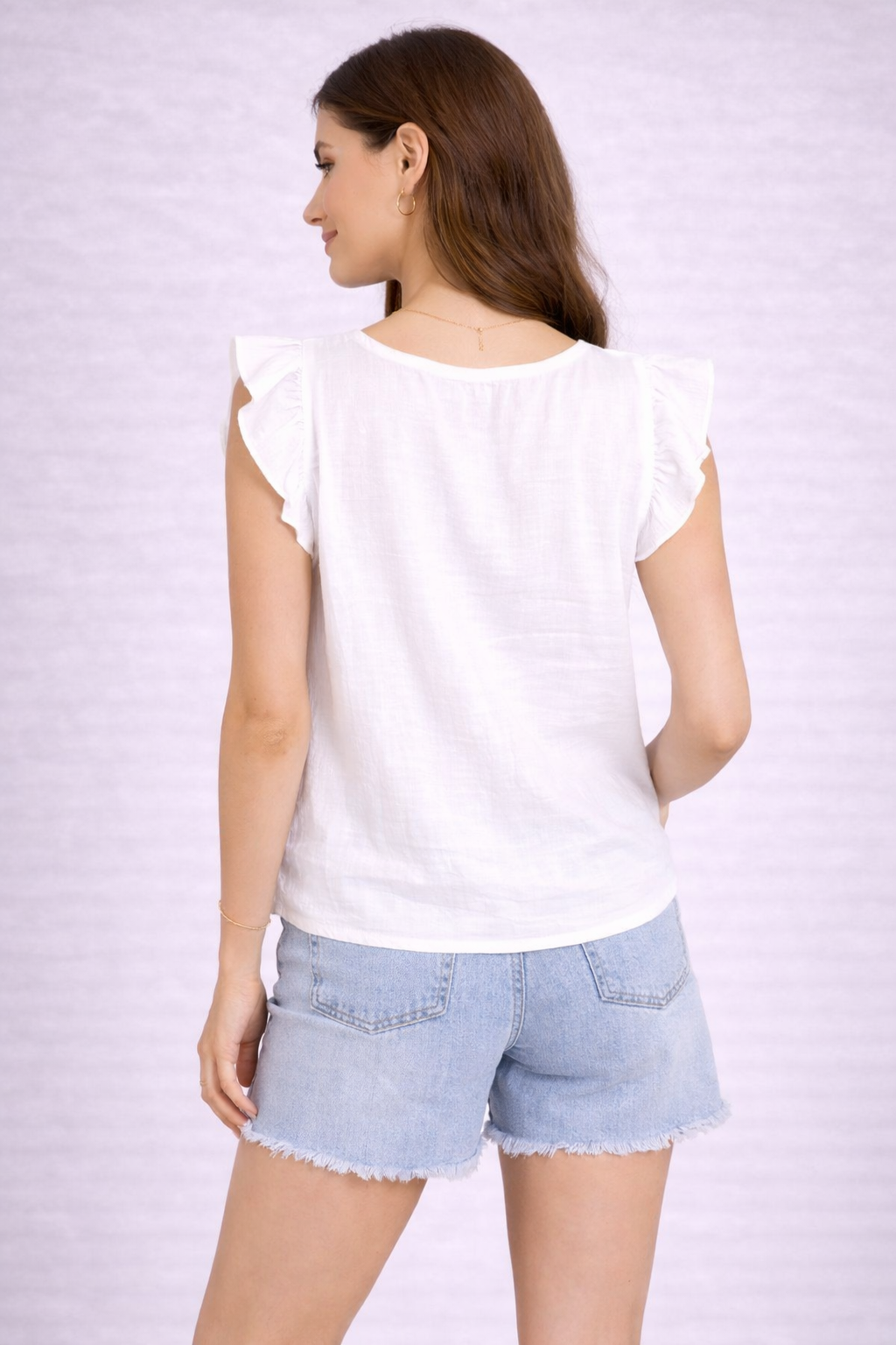 White 100% Cotton Loose Fit V-Neck Flutter Sleeve Top | Casual Summer Wear