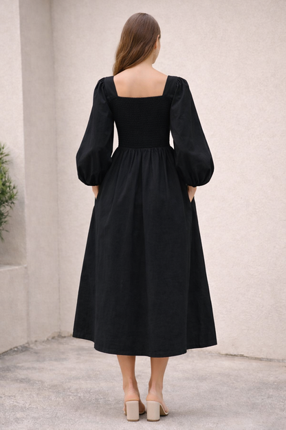 Black Cotton Midi Dress | Smocked Upper | 2 Side Pockets | Long Sleeve | Flowy Casual Dress