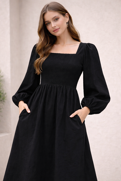 Black Cotton Midi Dress | Smocked Upper | 2 Side Pockets | Long Sleeve | Flowy Casual Dress