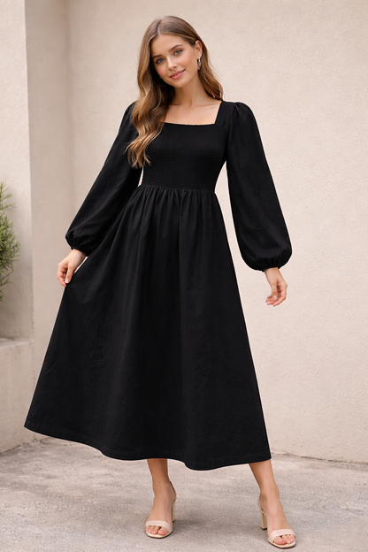 Black Cotton Midi Dress | Smocked Upper | 2 Side Pockets | Long Sleeve | Flowy Casual Dress