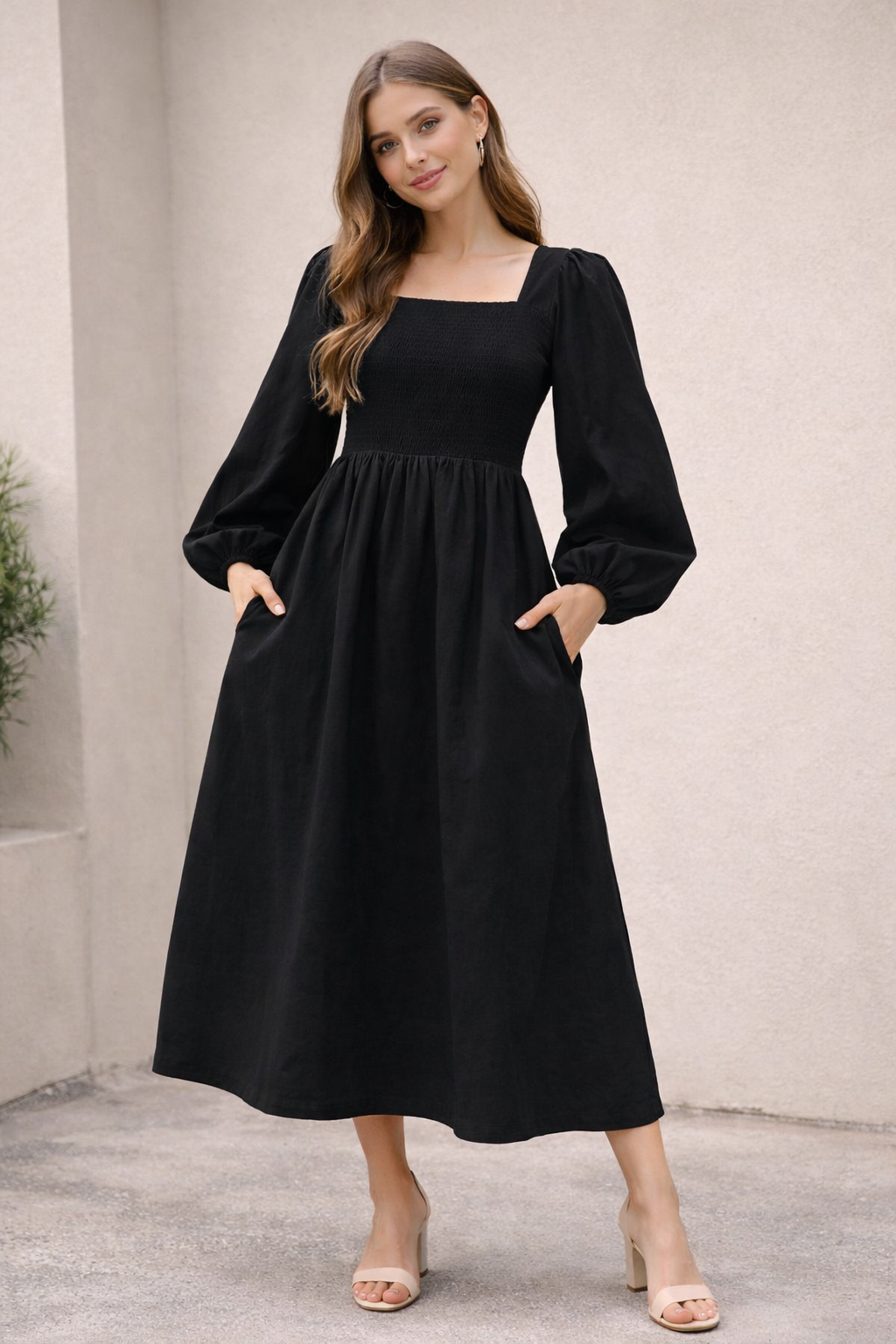Black Cotton Midi Dress | Smocked Upper | 2 Side Pockets | Long Sleeve | Flowy Casual Dress