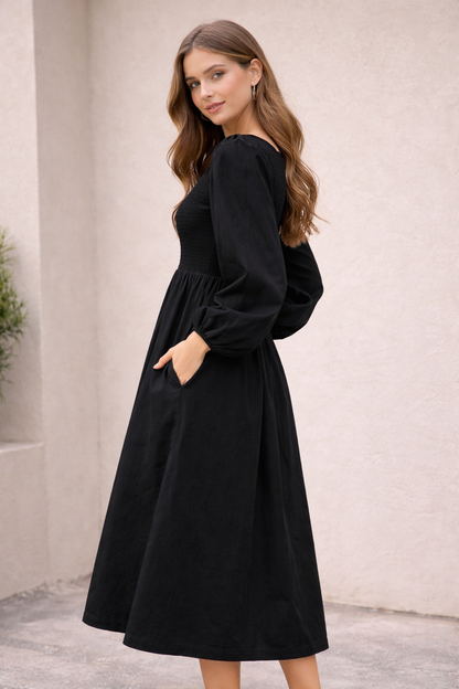 Black Cotton Midi Dress | Smocked Upper | 2 Side Pockets | Long Sleeve | Flowy Casual Dress